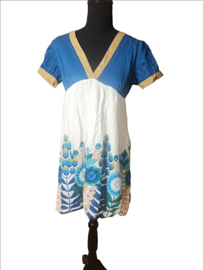 CrissCross Blue & White Floral Empire Waist Dress, Size Medium